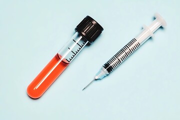 Fototapeta premium Blood sample in a vial, ready for diagnostic testing, ideal for medical laboratory scenes, healthcare visuals, and clinical research.