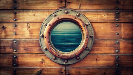 A weathered wooden wall with a round porthole revealing a glimpse of the blue water beyond