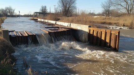 Temporary Floodwalls Under Pressure During Heavy Flooding