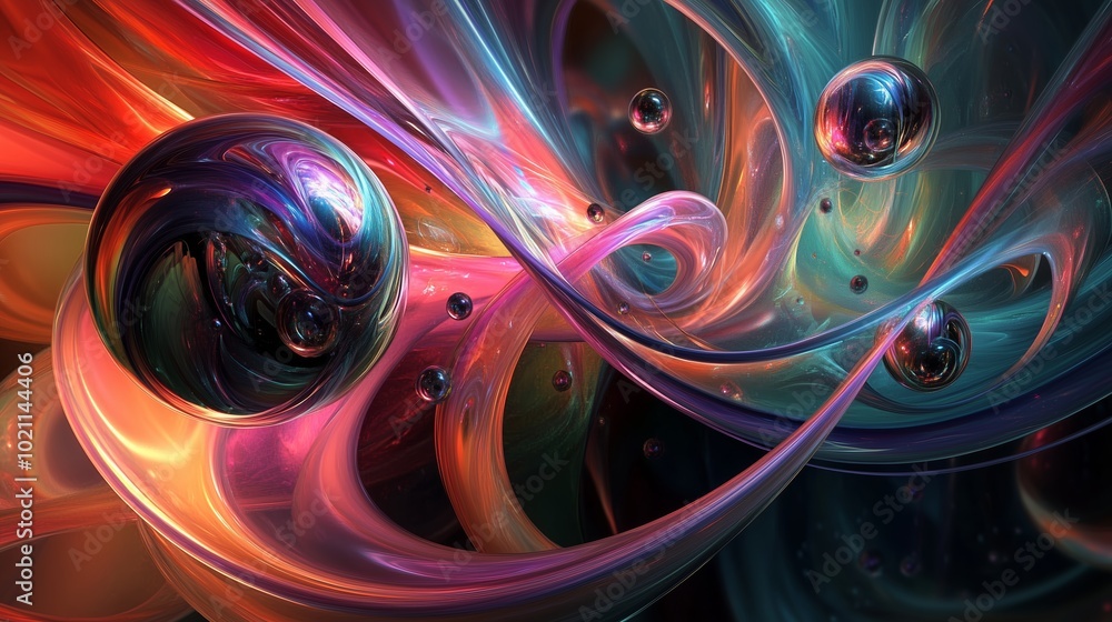 Poster colorful abstract design featuring swirling patterns and floating spheres in a vibrant composition