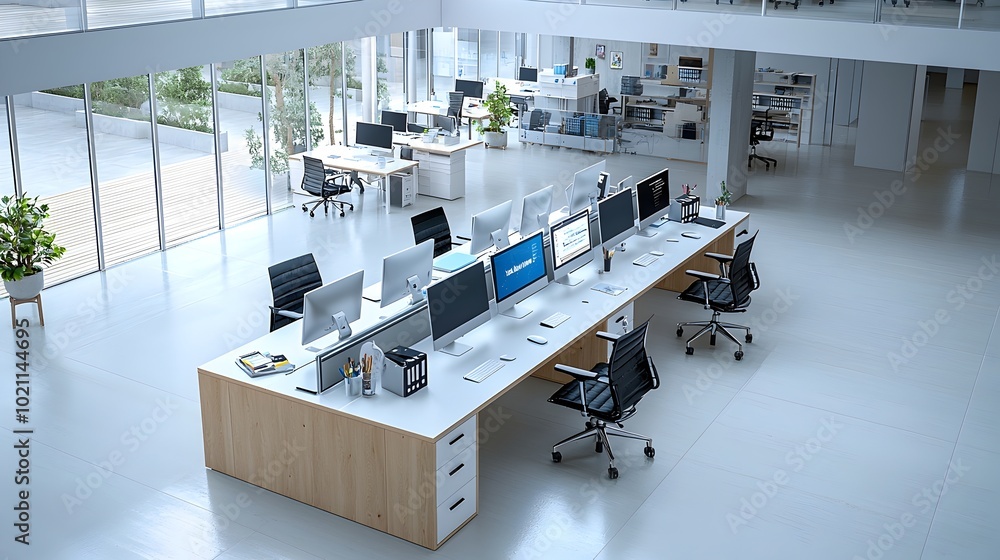 Aufkleber Aerial view of a contemporary office workspace with multiple computers and equipment neatly arranged on a long desk creating an efficient and collaborative work environment