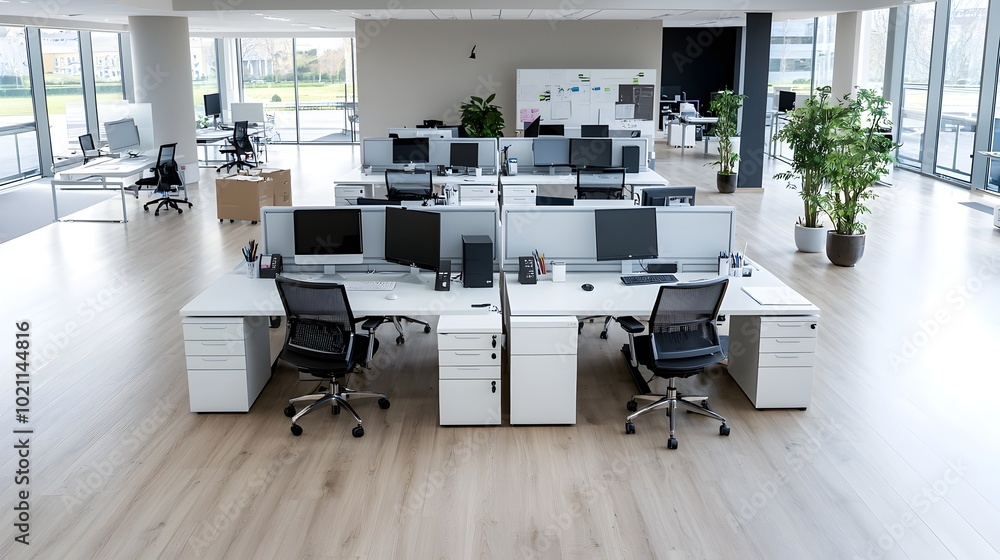 Aufkleber High Angle View of a Centralized and Minimalist Office Workspace Design with Computers Laptops and Other Digital Equipment Arranged on a Central Table for Productivity and