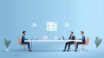 Fototapeta premium Two business professionals engaged in a discussion at a modern office table, surrounded by a minimalistic workspace and indoor plants.