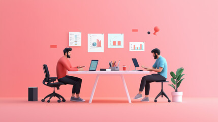 Two men working collaboratively at a modern desk in a vibrant pink office space, focused on their tasks with laptops and creative decor.
