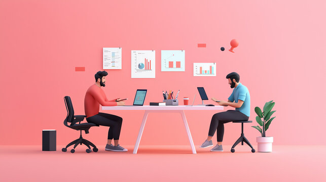 Two men working collaboratively at a modern desk in a vibrant pink office space, focused on their tasks with laptops and creative decor.