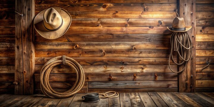 Rustic Wooden Wall With Cowboy Hats and Rope