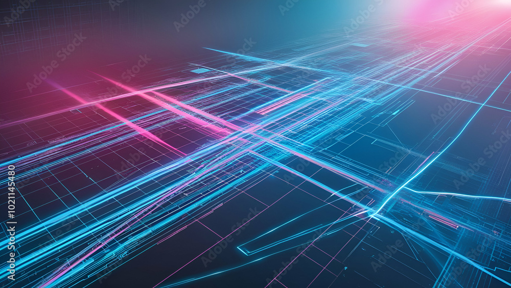 Poster neon streaks and lights in futuristic digital grid pattern for data flow and virtual world concept