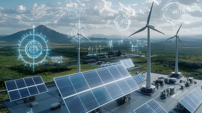Renewable energy solutions powering the future smart electrical grid with advanced solar panels wind turbines and futuristic sustainable technology