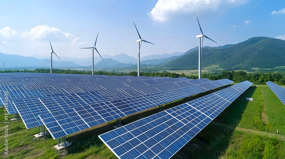 Aufkleber innovative solar panels and wind turbines working in harmony within a cutting edge smart grid system