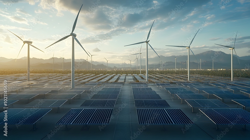 Aufkleber Gleaming networks of interconnected smart energy infrastructure including advanced solar cell arrays capturing sunlight and colossal wind turbines with blades through the sky powering a vibrant
