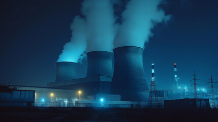 Nuclear power plant smokestacks at night from a low angle.