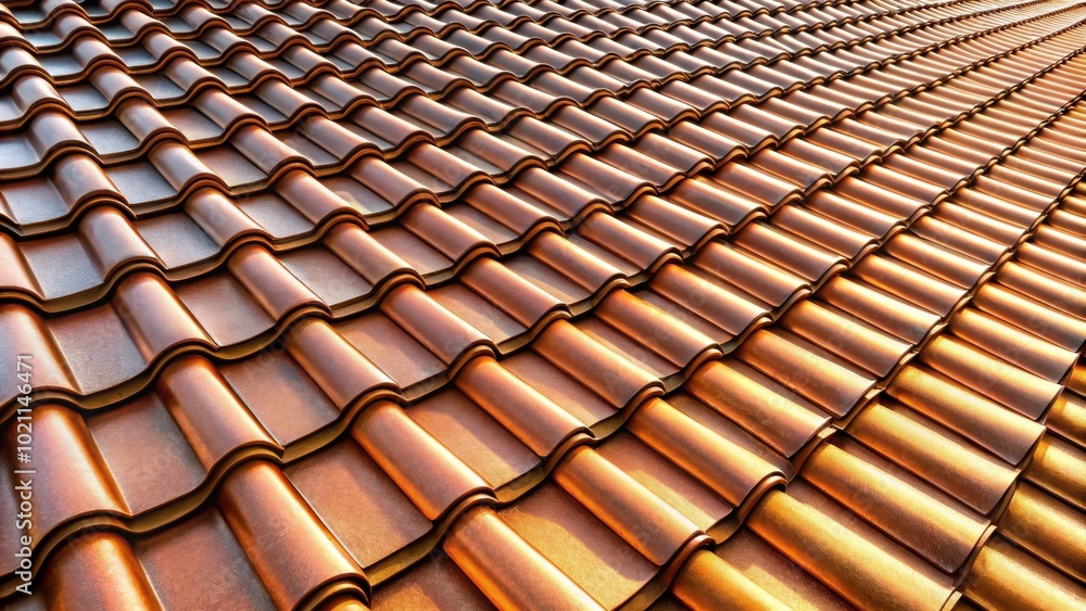 Aufkleber Interlocking Terracotta Roof Tiles In A Repeating Pattern Of Curved Lines And Shadows