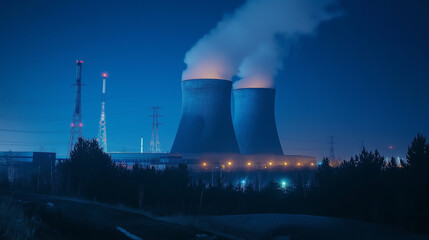 Nuclear power plant smokestacks at night from a low angle.