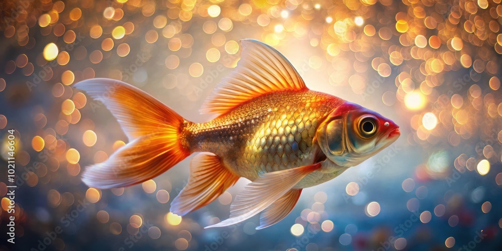 Poster a shimmering goldfish with vibrant orange and white fins gracefully swims through a sea of sparkling