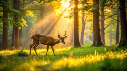 Naklejka premium A deer walks through a sun-dappled forest, its antlers catching the golden light, as the sun peeks through the leaves.