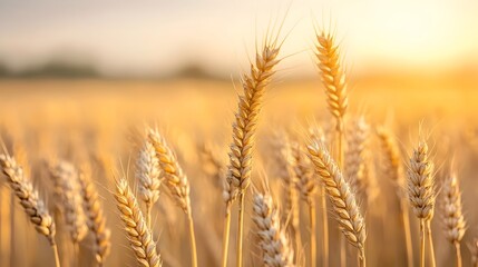 Obraz premium Breathtaking panoramic view of a vast golden wheat field swaying gently in the wind during a serene sunset over a picturesque pastoral rural farm landscape