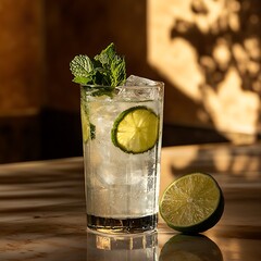 A refreshing drink with lime and mint served in a tall glass on a marble surface.