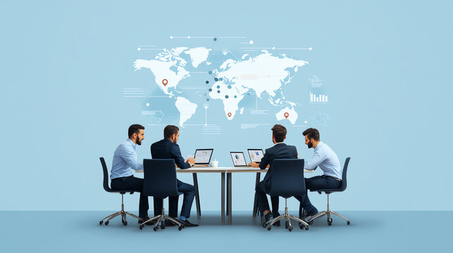 Group of professionals collaborating at a conference table, working with laptops, engaged in strategic planning against a world map background.