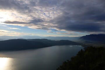 Aerial sunset view of Bourget lake in Savoie, Alps, France