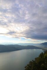 Aerial sunset view of Bourget lake in Savoie, Alps, France