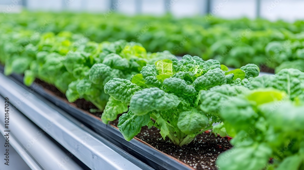 Poster futuristic hydroponic greenhouse farm with rows of lush vegetables growing in a controlled indoor en