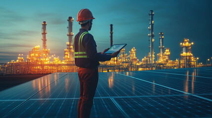 Double Exposure, Engineer, Solar Panel and Oil Refinery, Industrial Technology Concept, Smart Energy, Industry 4.0, Factory Automation