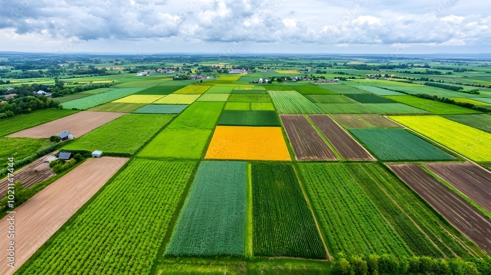 Poster stunning aerial perspective showcasing a large thriving farm with lush fields of various crops farm 