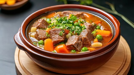 Beef hot pot with thinly sliced meat, vegetables, and broth boiling in a clay pot
