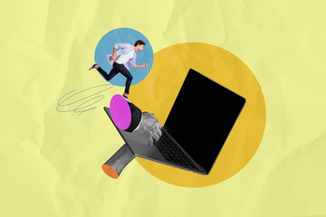Composite photo collage of serious man it master run broke laptop device freelance occupation...