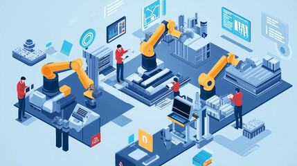 3d vector illustration of production, workers, engineers working, production process, Hi-tech machines, Industrial revolution concept, Automation factory
