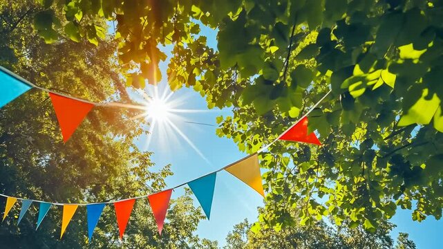 Colorful triangular flags hang between lush green trees under a bright sun, evoking a festive outdoor celebration. The scene captures the essence of summertime joy and communal gatherings in a