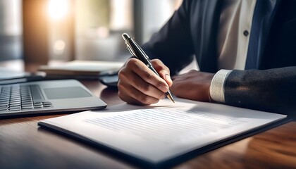 close-up Office workspace with hand writing on document