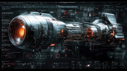 Obraz premium Futuristic spacecraft design with glowing elements and data overlays.