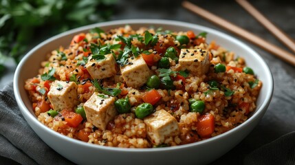Cauliflower rice stir-fry with mixed vegetables, tofu, and soy sauce, served in a white bowl with chopsticks