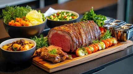 Carving station with a whole roasted beef prime rib, served with au jus and horseradish