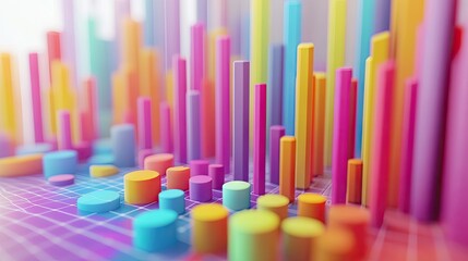 Obraz premium Vibrant 3D bar and pie chart visualization in an array of colors, conveying data analysis and digital graphics.