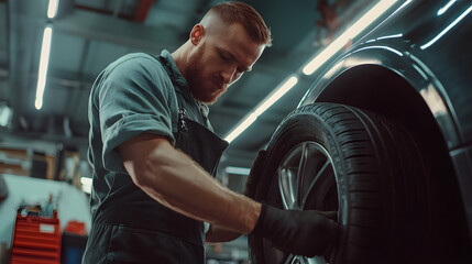 Car mechanic in a workshop changing tire, car service job, professional maintenace for winter or summer tire change
