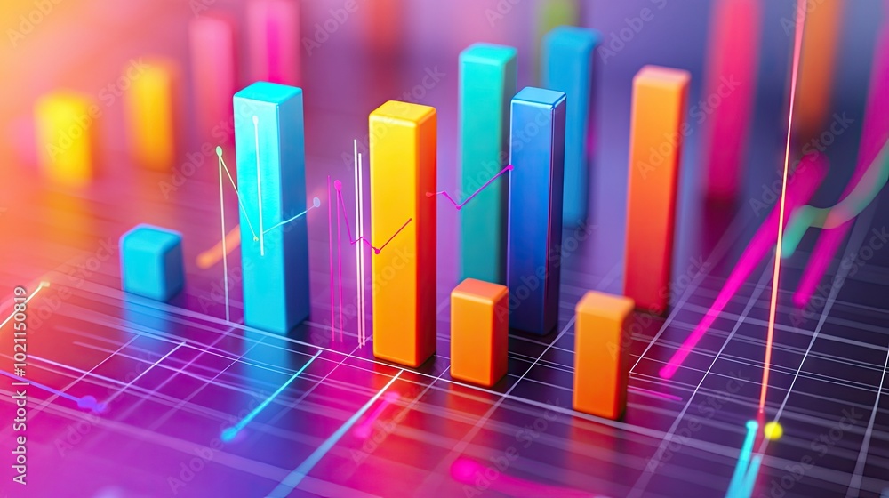 Poster vibrant 3d bar graphs in various colors representing data trends and analytics.