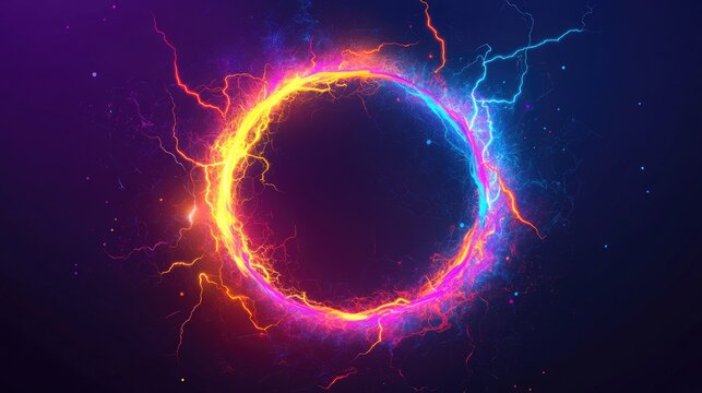 A vibrant circular burst of electric energy featuring a gradient of blue, purple, and orange hues against a dark background.