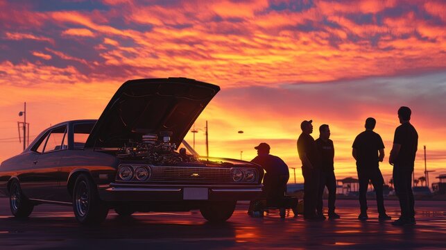 Fototapeta Silhouettes of friends gathered around a classic muscle car against a vibrant sunset.
