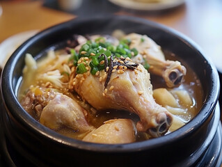 A pot of Korean soup with chicken and vegetables in it. 