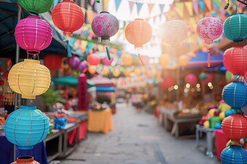 A lively street market adorned with vibrant, hanging lanterns and festive decorations, creating a...