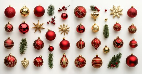 Collection of Christmas tree ornaments isolated on white background. Red Christmas balls, fir tree branches, golden stars. Flat lay, top view