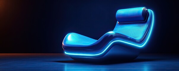 Futuristic blue chair with sleek design and glowing accents placed against a dark backdrop with copyspace for branding or informational text