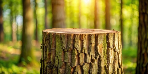 Fototapeta premium A weathered tree stump stands tall in a sun-drenched forest, its bark a tapestry of nature's artistry.