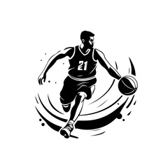 Black and white illustration of a basketball player with a ball. Basketball game. Sport.