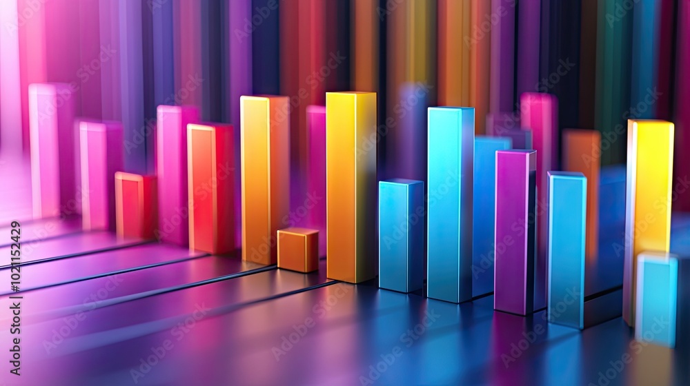 Poster a vibrant abstract representation of colorful bar graphs in bright hues, creating a dynamic and mode