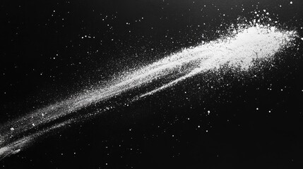 A dynamic spray of white powder against a striking black background, creating a contrast that emphasizes movement and texture.