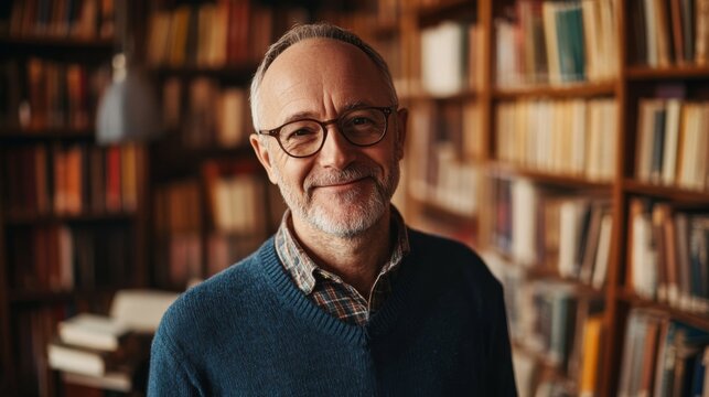 Middle-aged man with glasses and a gentle smile, standing in a cozy library surrounded by books