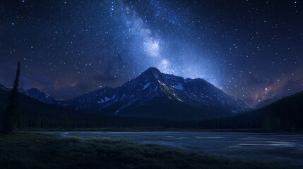 Starry night sky over a remote mountain landscape, Milky Way visible in all its glory, serene and awe-inspiring